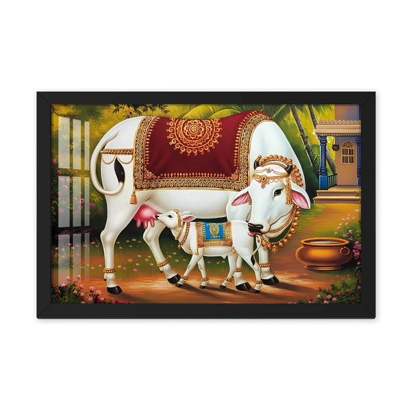 Kamdhenu with Calf Traditional Artwork – Sacred Cow Painting for Vastu