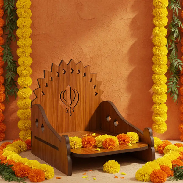 Wooden MDF Brown Singhasan/Temple/Pooja Chowki with Sikhism Khanda Symbol Mandala Backdrop