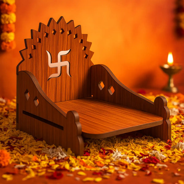Wooden MDF Brown Singhasan with Swastik