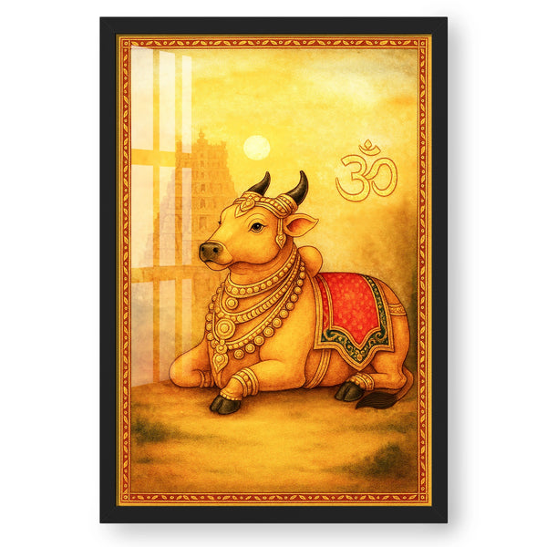 Decorative painting of a bull with ornaments on a yellow background