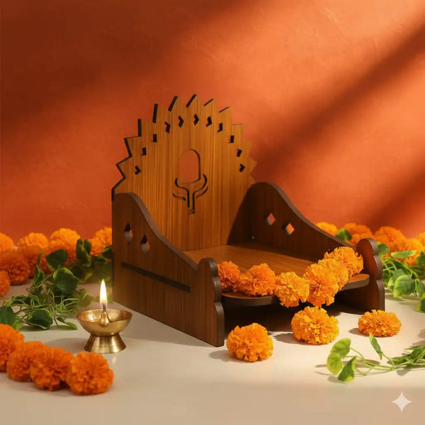 Wooden MDF Brown Singhasan/Temple/Pooja Chowki with Shivling (Shiva Linga) Mandala Backdrop
