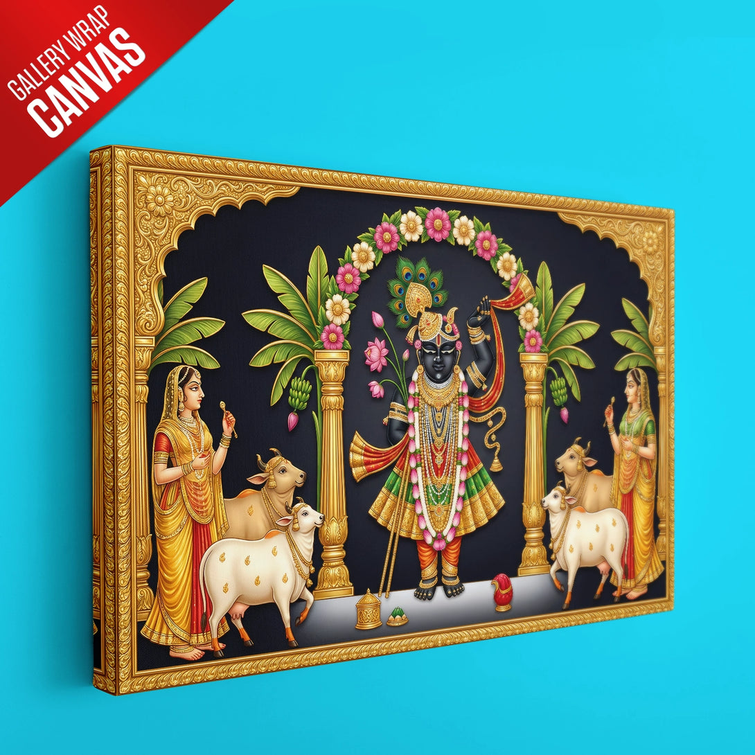 Decorative painting with a gold frame on a blue background