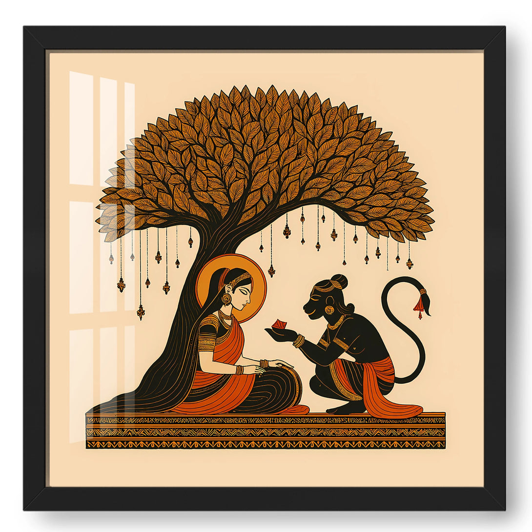 Sita Hanuman Divine Meeting | Kalamkari Folk Print Artwork – Ritwikas
