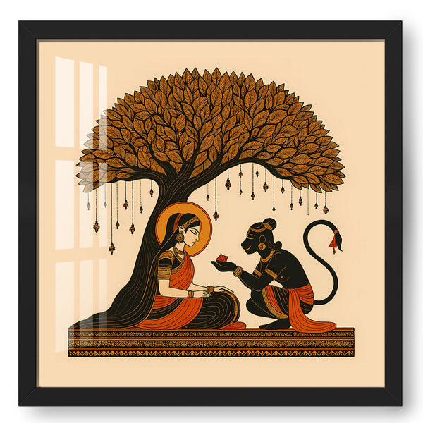 Sita Hanuman Divine Meeting | Kalamkari Folk Print Artwork