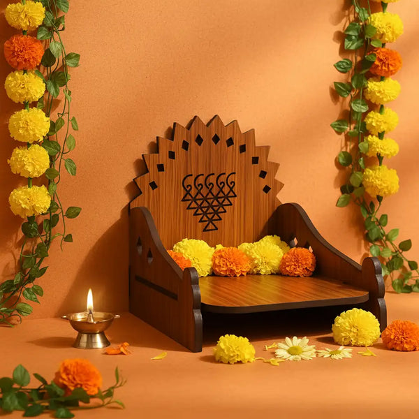 Wooden MDF Brown Singhasan/Temple/Pooja Chowki with Saraswati Yantra Mandala Backdrop